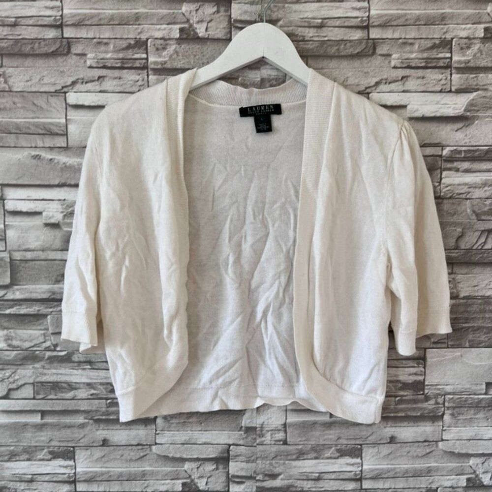 Ralph Lauren || Women's Mini Elegant Formal Open Front Cotton Cardigan White L
